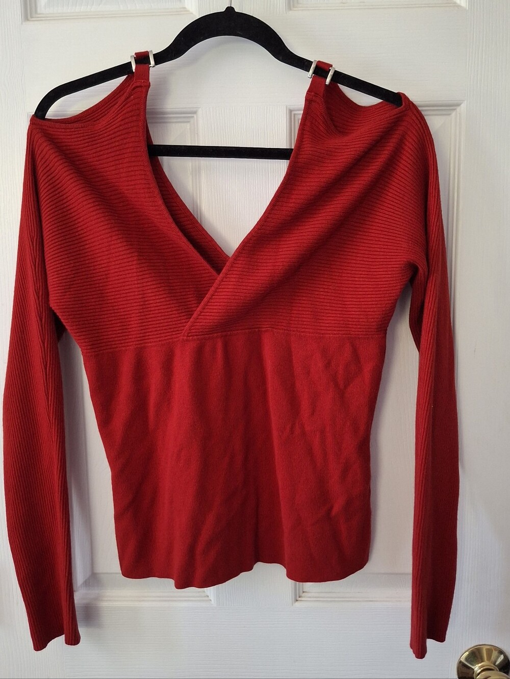 Vtg 90s Forenza Red Ribbed Cold Shoulder Surplice Wrap Knit Top Sweater Sz L Y2K